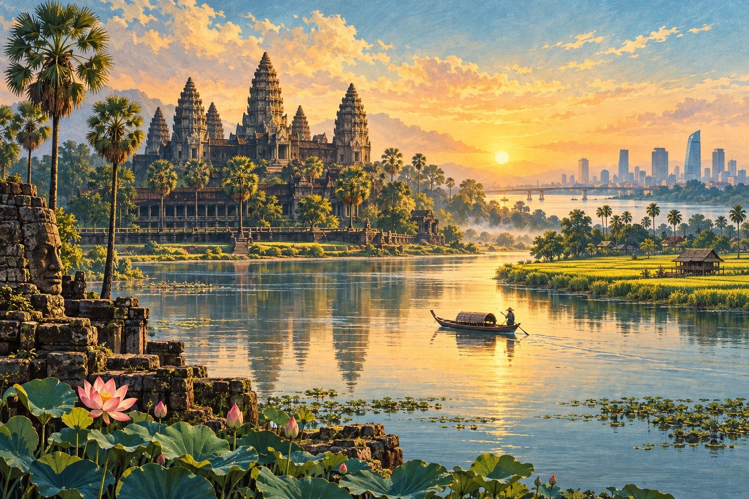 Conceptual illustration of Angkor-inspired temples, Cambodian river landscapes, rice fields and a modern city skyline.